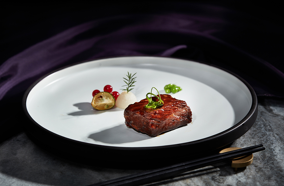 Traditional Stewed Beef Short Ribs in Hamada VII 540 Days Naturally Brewed Soy Sauce Garnished with Fresh Pear and Red Currants