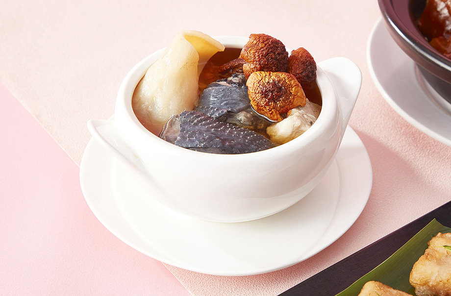 Double Boiled Silky Fowl Consommé with Fish Maw Agaricus Blazei Soup